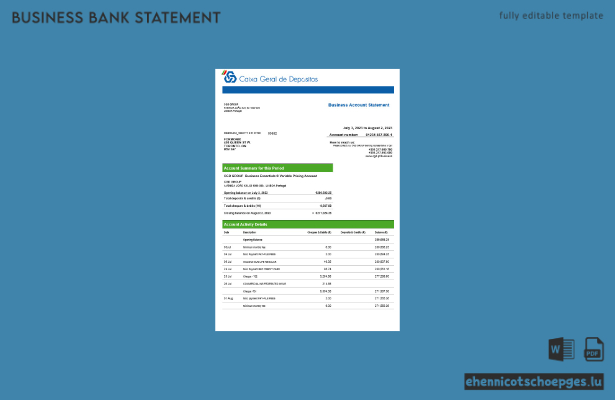 Caixa Geral de Depositos-Geschäftskontoauszug Word- und PDF-Beispielvorschau